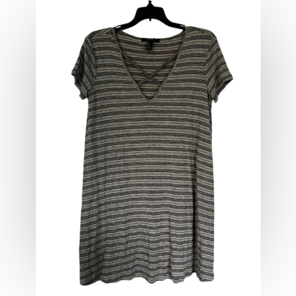 Forever 21 Medium Light Grey T-Shirt Dress with Black Stripes